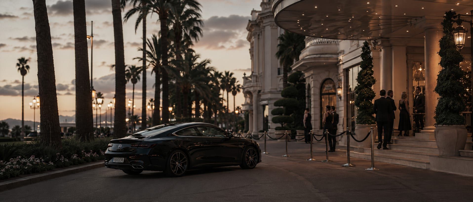 A prepared car waiting under a boutique-hotel portico in Cannes at dusk during the film festival, unhurried before a premiere.