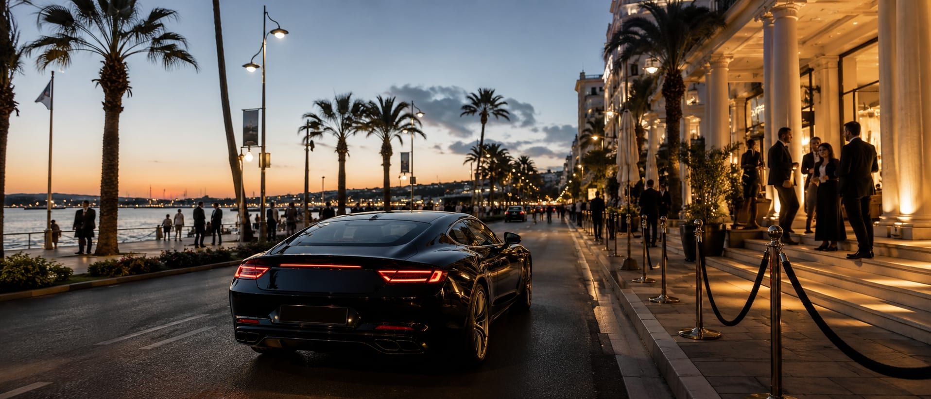 An evening transfer holding outside a Croisette hotel during Cannes Film Festival, timed around the security cordon and the red-carpet window.