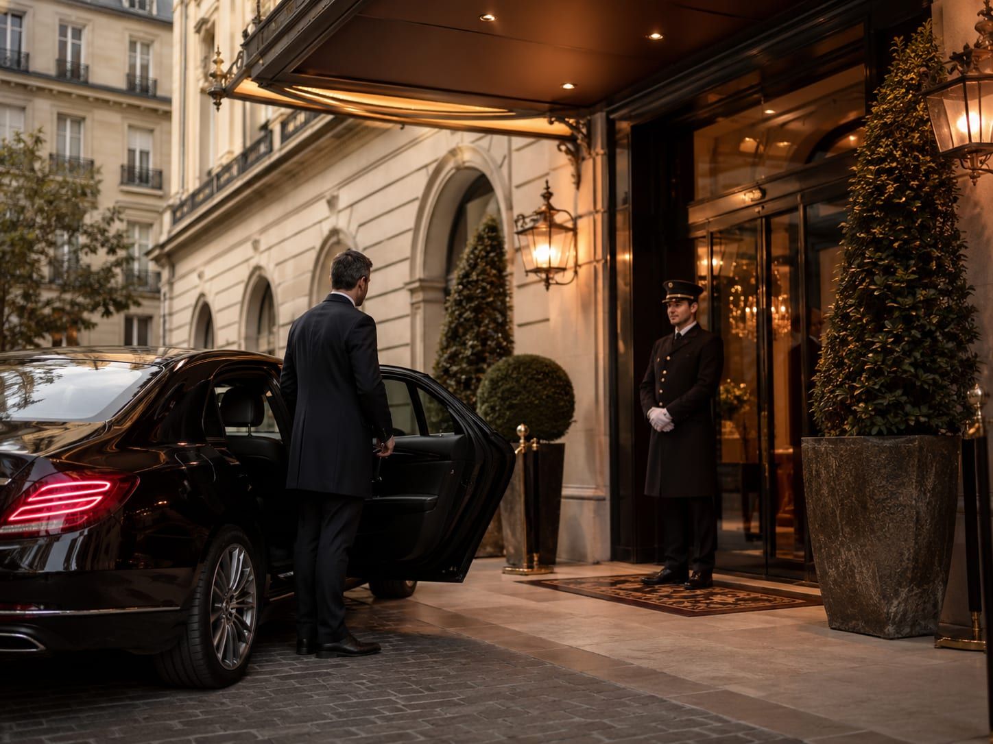 A luxury car on the forecourt of a Milan hotel in the morning.