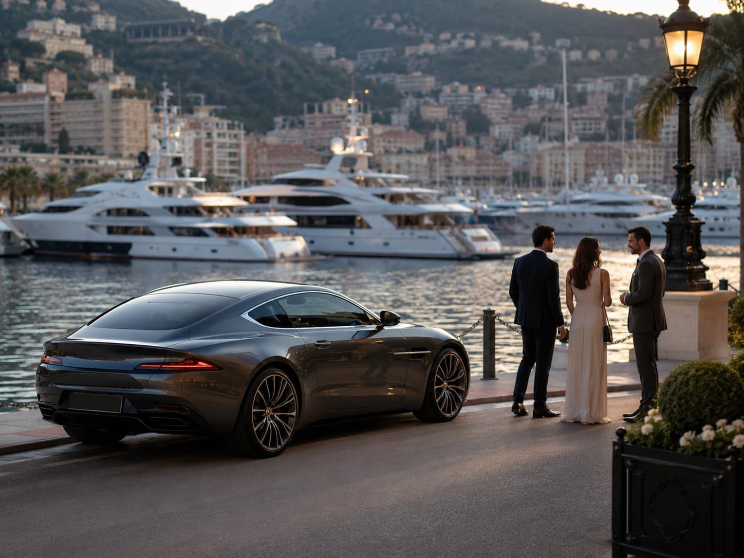 A luxury car handed over on the quay of the old port in Cannes.