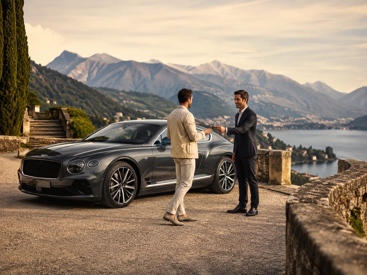 A luxury car on an alpine pass road above Geneva.