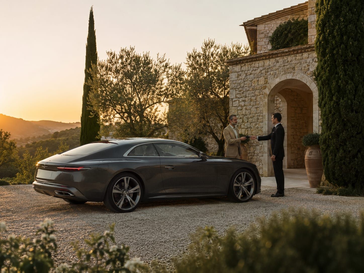 A luxury car delivered to the gate of a private villa on Lake Como.