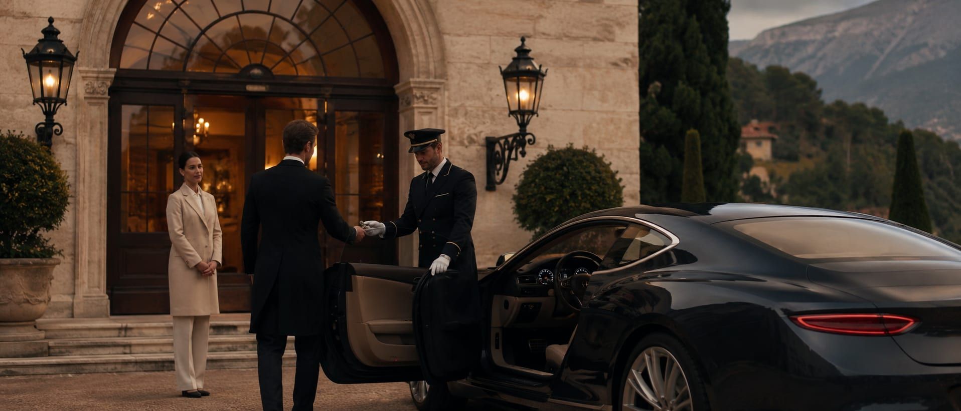 A luxury car delivered to the entrance of a quiet European hotel at the start of the day.