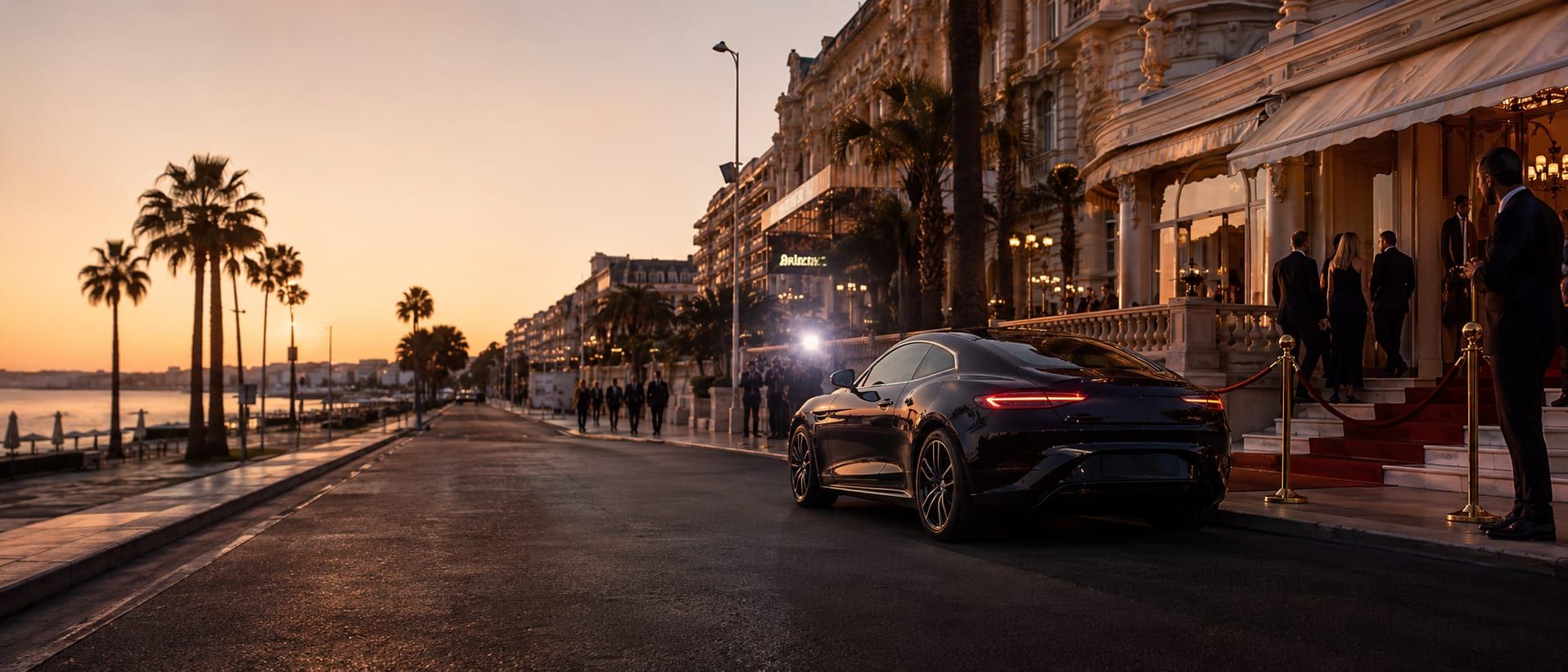 A chauffeured saloon at rest on the Croisette before a Cannes Film Festival evening, the Palais and Mediterranean light beyond.