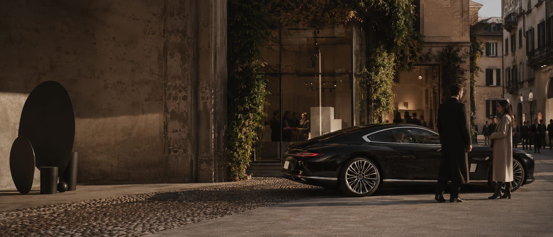 A grand tourer at rest on a quiet Milan street during Design Week, before the showroom circuit opens for the day.