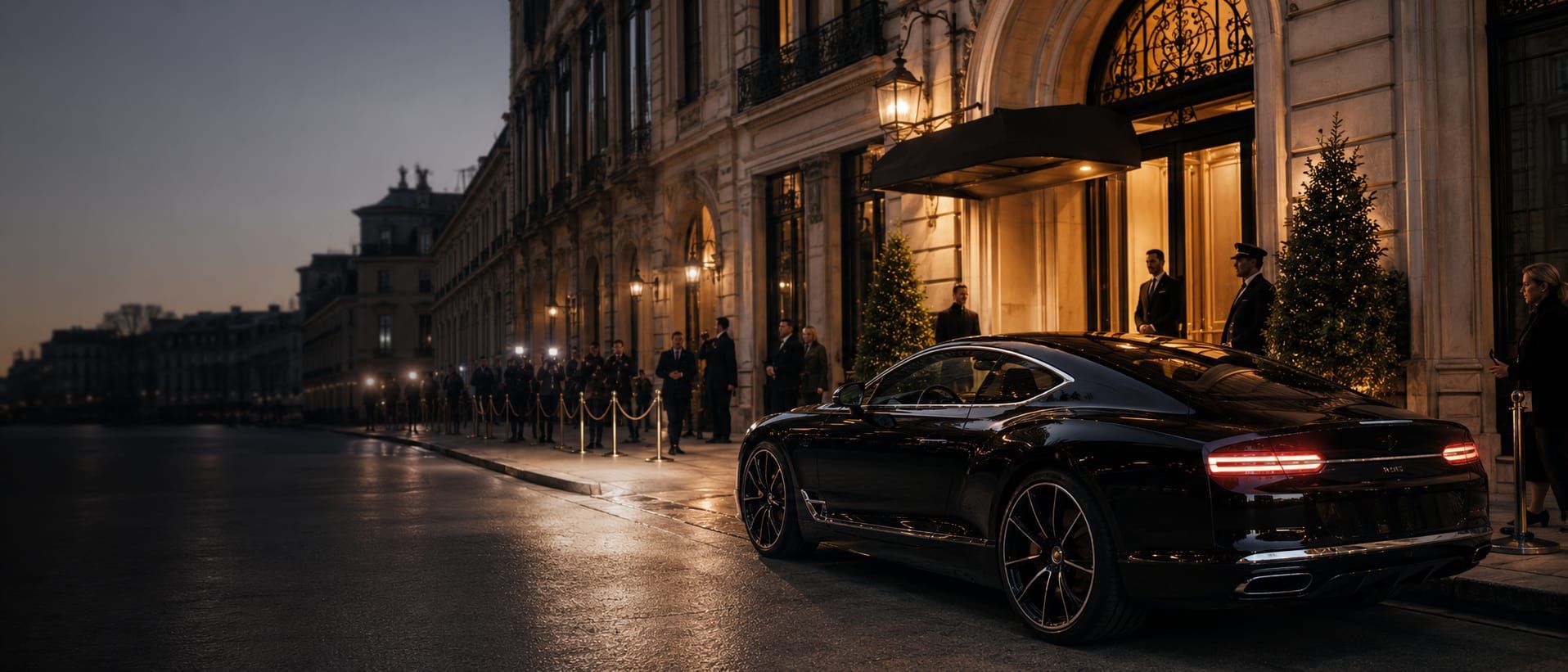 A chauffeured saloon at rest in Milan's Quadrilatero before a Fashion Week show, the morning streets still quiet.