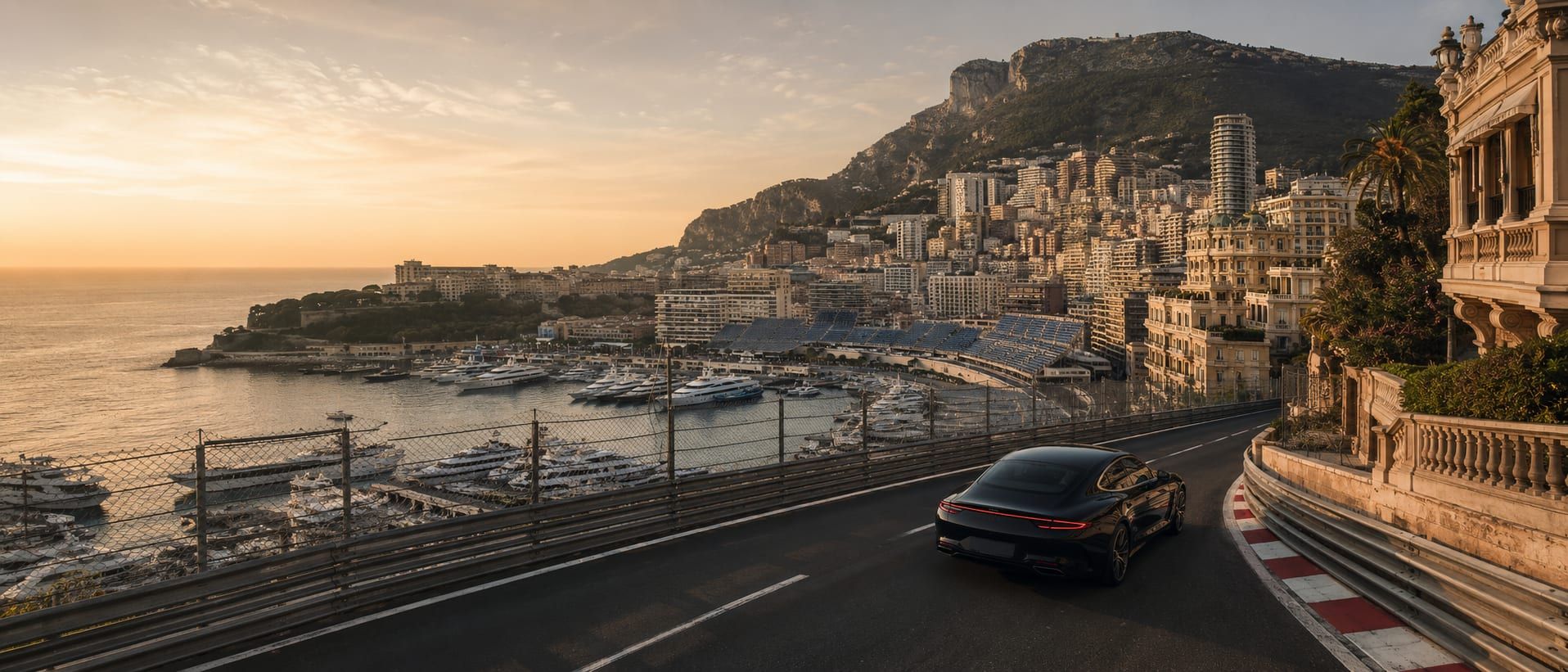 A grand tourer prepared above Monaco on a still Grand Prix-week morning, the harbour below before the circuit hoardings rise.