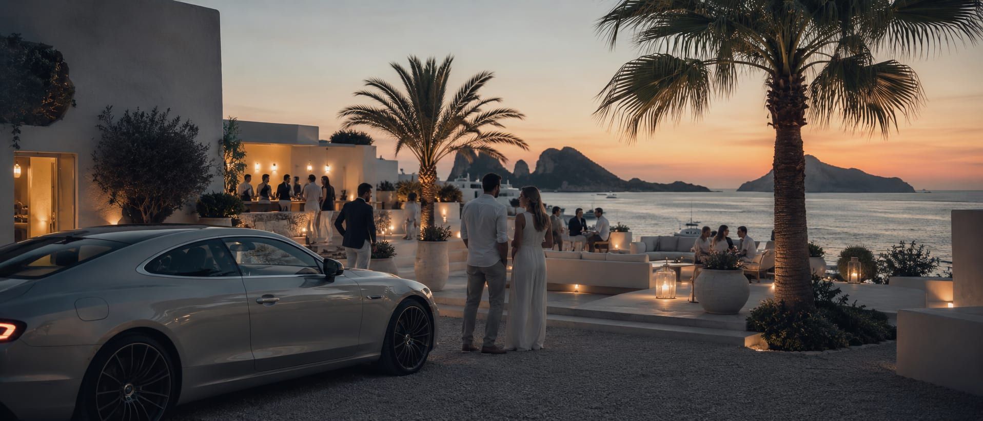 A prepared car waiting at an Ibiza villa gate at golden hour during the summer season, the keys handed over unhurried.