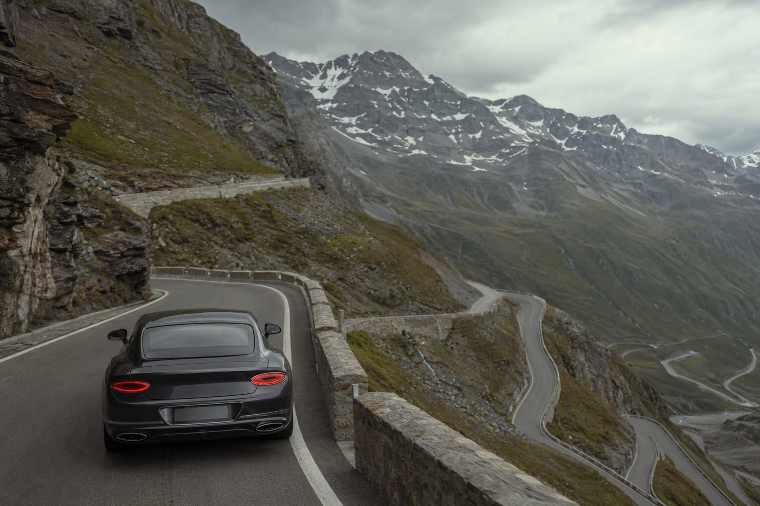An editorial view along the Lake Como to the Stelvio Pass driving route.