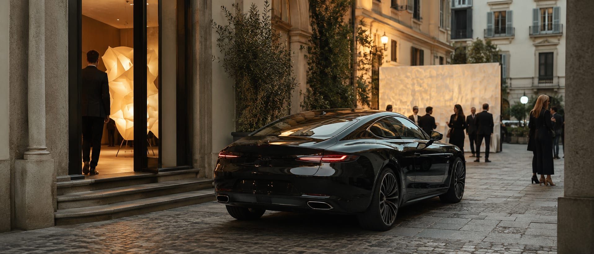 A car easing between the Brera and Tortona showrooms during Milan Design Week, working around the Area C and ZTL limits.