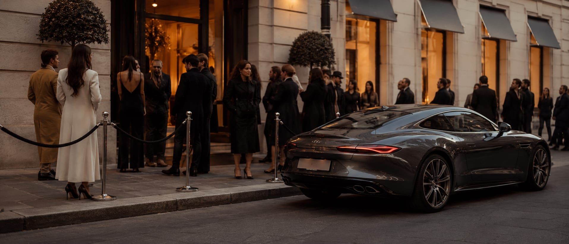 A prepared car waiting outside a Milan hotel after the last Fashion Week show, the next day's route already set.