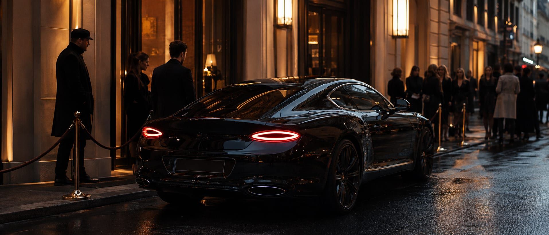 An evening transfer holding outside a Milan show venue during Fashion Week, timed around the Quadrilatero and the ZTL.