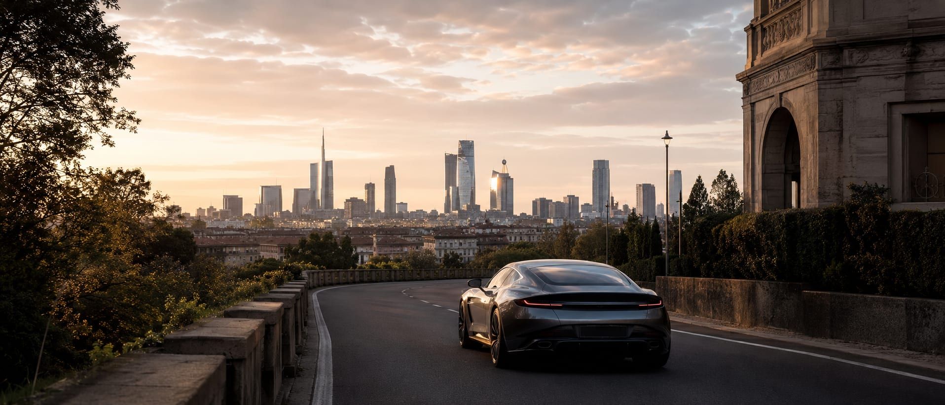 An open road leaving Milan toward Lake Como under soft Lombardy light.