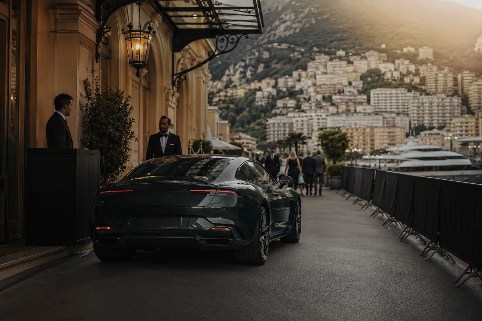 A chauffeur-driven sedan met landside at Nice Côte d'Azur during Grand Prix week, ready for the A8 coast run into the Principality.