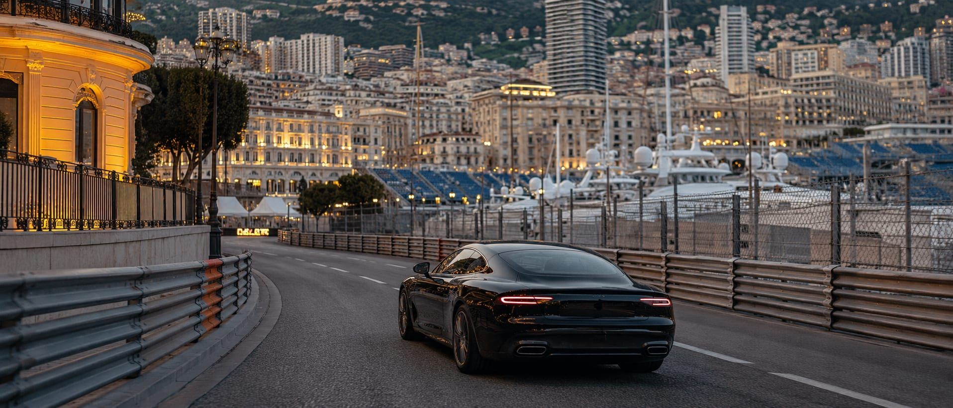 An evening transfer easing along the Basse Corniche toward Monaco during Grand Prix week, working around the circuit closure perimeter.